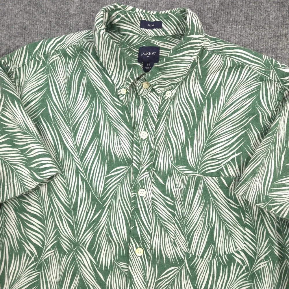 J Crew Shirt Mens M Green Tropical Palm AOP Linen Blend Slim Fit Short Sleeve